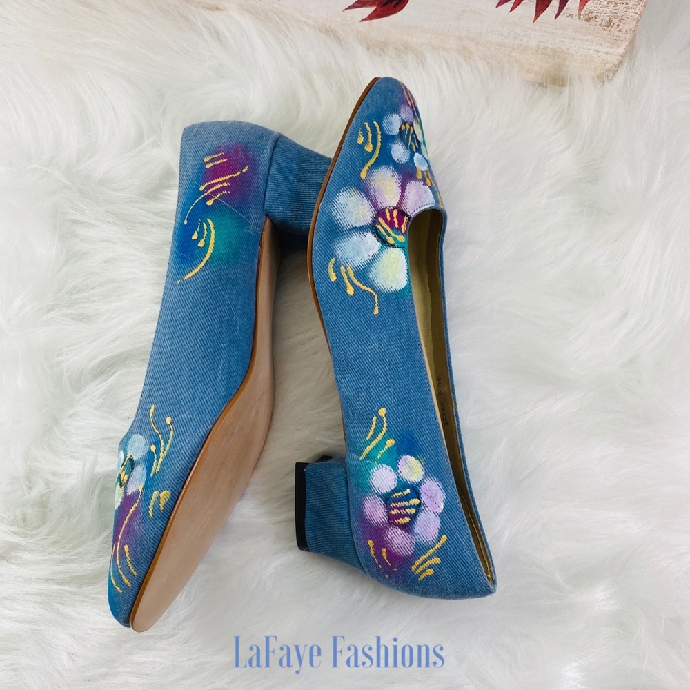 New J. Alongi Denim Hand-Painted Pumps